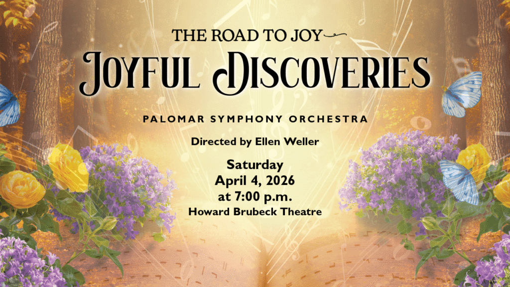 This is the poster for Joyful Discoveries. Image discription: flowers within the woods, as a golden aura of music floats about.