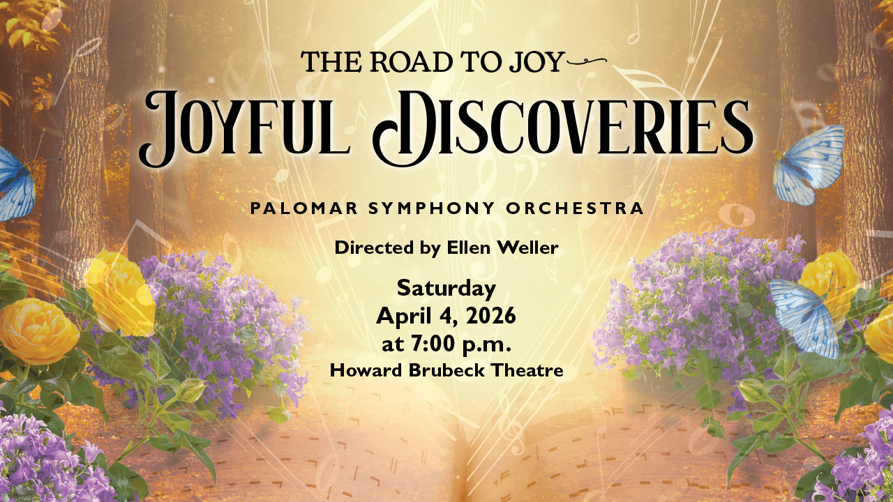 Joyful Discoveries Spring 2026 This is the poster for Joyful Discoveries. Image discription: flowers within the woods, as a golden aura of music floats about.