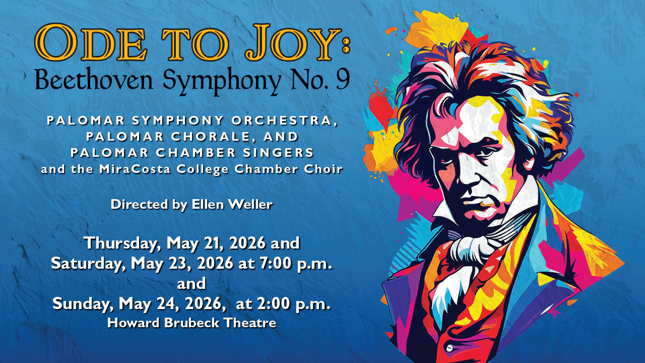 Ode to Joy 2026 Web Graphic This is the poster for Ode to Joy: Beethoven Symphony No. 9. Image discription: Portrait of rainbow colored Beethoven against a blue background.