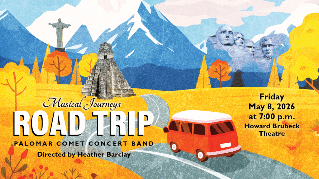 Web graphic for the production Road Trip. Image shows a van driving through a landscape. Mount rushmore in the background.