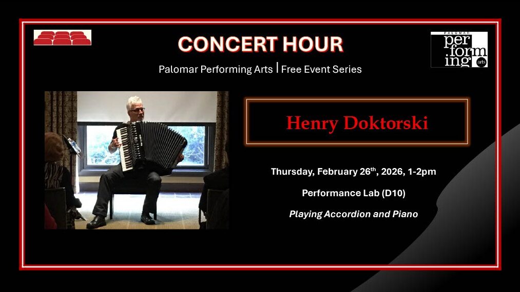Henry Doktorski Thursday, February 19th, 2026, 1-2pm Performance Lab (D10) Playing Accordion and Piano, Image of Henry Doktorski to the left playing the accordian