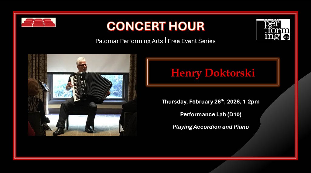 Henry Doktorski Thursday, February 19th, 2026, 1-2pm Performance Lab (D10) Playing Accordion and Piano, Image of Henry Doktorski to the left playing the accordian