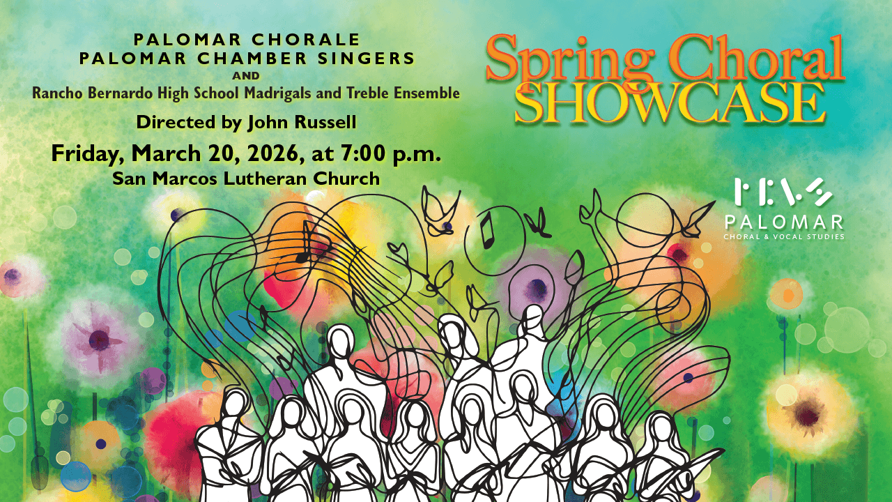 This is the poster for the Spring Choral Showcase. Image description: Vibrant watercolor background and at center, a choral with music notes fluttering all around.