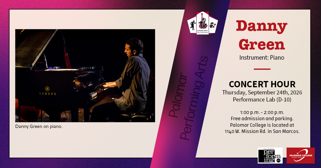Webgraphic for Duo Amandi, Concert Hour, Thursday September 17th, 2026, Performance Lab (D-10), 1:00 p.m. - 2:00 p.m. Free admission and parking. Palomar College is located at 1140 W. Mission Rd. in San Marcos. Palomar Performing Arts, Image to the left shows Elvin Schelanger and Emily Harrington both holding flutes outside in professional attire.