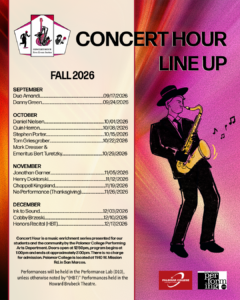 Concert Hour Line Up Fall 2026 September, Duo Armandi, 9/17/26 Danny Green, 9/24/26 October, Daniel Nielsen, 10/1/26 Quin Herron, 10/8/26 Stephen Porter, 10/15/26 Tom Griesgraber, 10/22/26 Mark Dresser & Emeritus Bert Turetzky, 10/29/26 November, Jonathan Garner, 11/5/26 Henry Doktorski, 11/12/26 Chappell Kingsland, 11/19/26 No Performance (Thanksgiving), 11/26/26 December, Ink to Sound, 12/3/26 Cobby Brzeski, 12/10/26 Honors Recital (HBT), 12/17/26 Concert Hour is a music enrichment series presented for our students and the community by the Palomar College Performing Arts Department. Doors open at 12:50pm, with seating on a first-come first-served basis. The program begins at 1:00pm and ends at approximately 2:00pm. At the discretion of the house manager, late arrivals will be admitted during the first performance pause. There is no charge for admission. Patrons are urged to allow sufficient time to secure parking and reach the performance venue before the concert begins. Palomar College is located at 1140 W. Mission Rd. in San Marcos. Performances will be held in the Performance Lab (D10), unless otherwise noted by “(HBT)” Performances held in the Howard Brubeck Theatre.