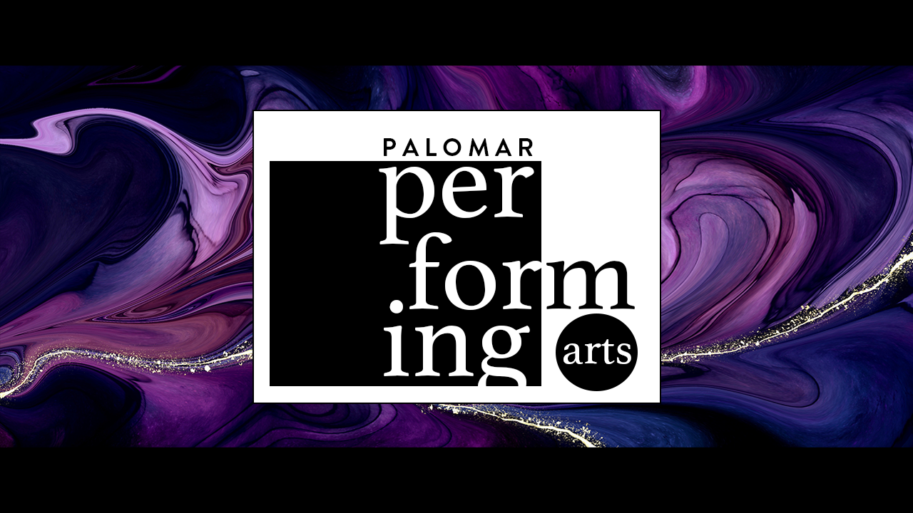 Purple and blue marbling background with the Palomar Performing Arts Logo center of the image.