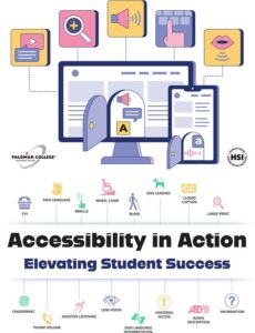 Colorful infographic highlighting tools and features that promote accessibility in education. The top half features icons like magnification, audio, captions, speech-to-text, and screen readers integrated into a computer and smartphone. The middle features icons representing TTY, braille, sign language, wheelchair access, guide dogs, closed captions, and large print. The bottom section shows fingerprint access, assistive listening, low vision tools, universal access, audio description, and information support. The central text reads “Accessibility in Action: Elevating Student Success.”