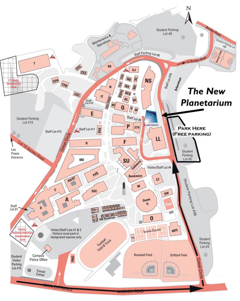Palomar College campus map highlighting the New Planetarium and free parking in Student Parking Lot 5, with a marked route from Mission Road to Comet Circle.