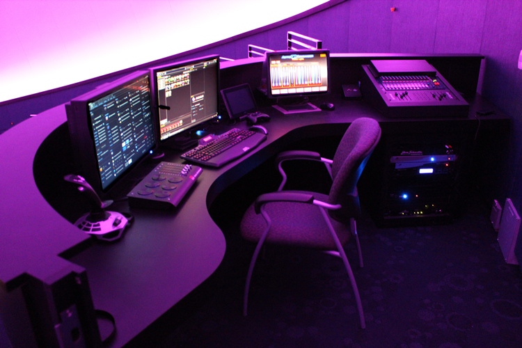 The presentation technology is controlled by a console of equipment located at the upper mezzanine level of the planetarium Presentation technology