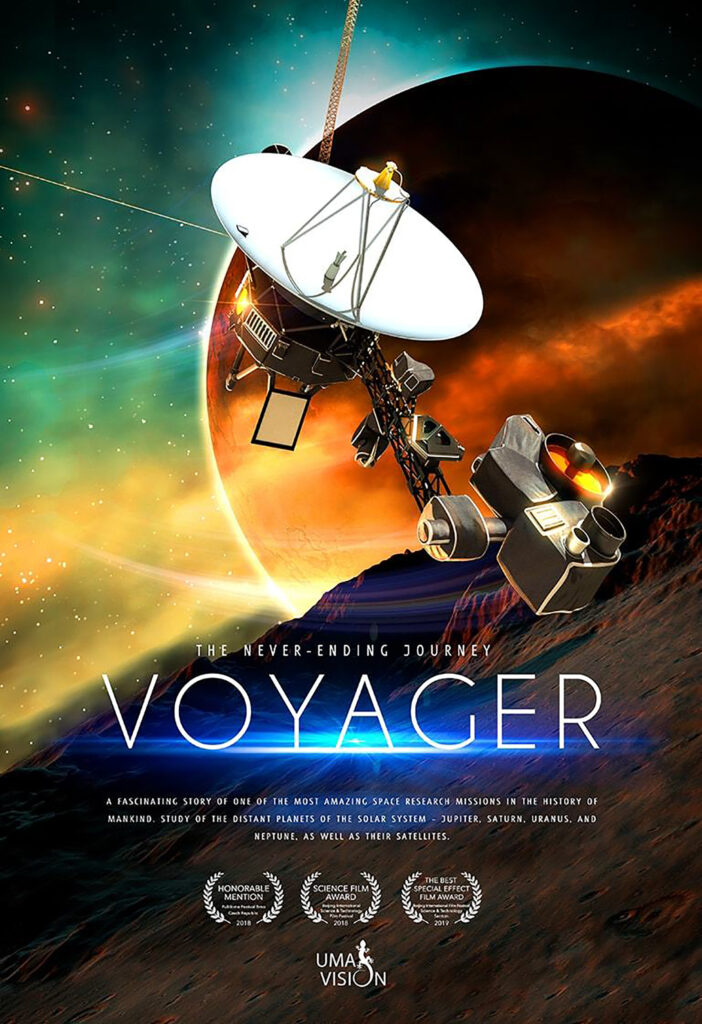Poster for Voyager: The Never-Ending Journey, featuring the Voyager spacecraft and its large white antenna dish flying past a glowing planet in deep space.