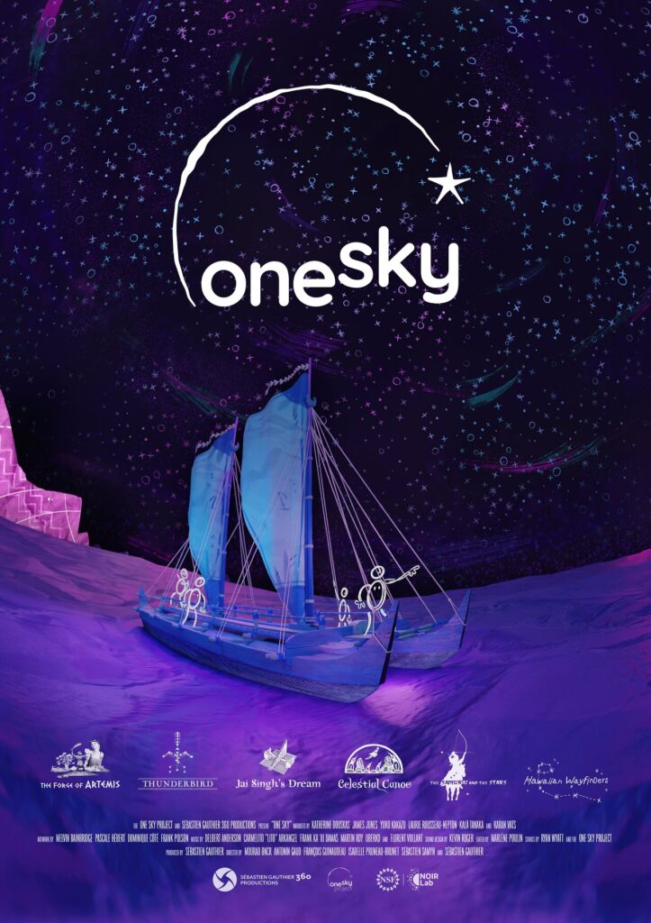 Illustrated poster for One Sky, showing a sailboat carrying figures across a purple landscape beneath a swirling, star-filled night sky.