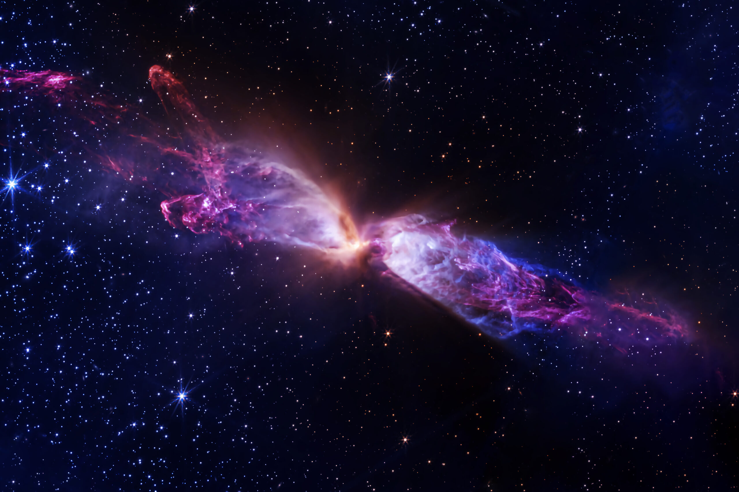 Vibrant cosmic nebula glows in deep space. Red and blue gases swirl amid countless stars. Elements of this image furnished by NASA. High quality photo