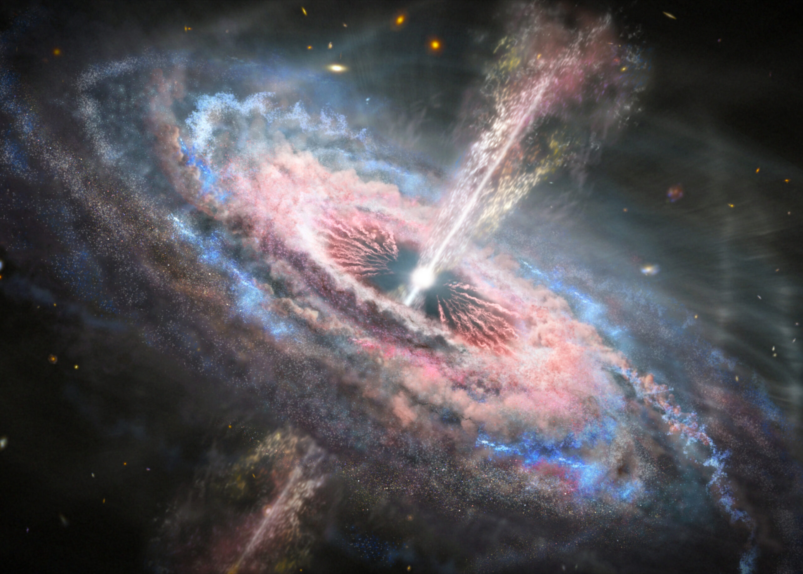 This artist's illustration shows the powerful outflows of extremely hot and highly ionized gas emanating from an energetic quasar disrupting its host galaxy.