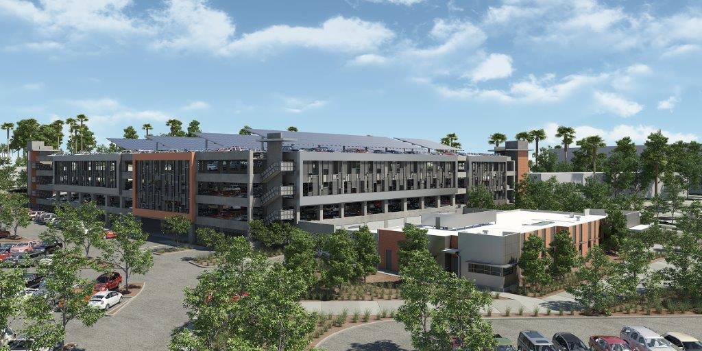 External view of one of the parking structures on campus 
