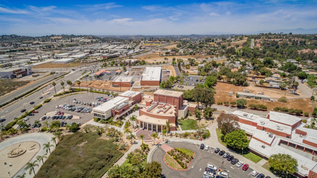 View of the theater building on campus 