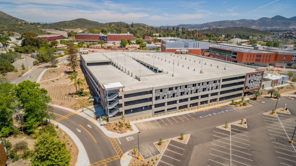 External view of the the parking structure on campus 