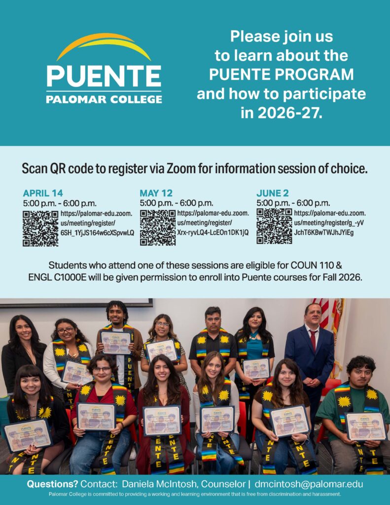 Promotional flyer for the Puente Program at Palomar College featuring information about upcoming Zoom information sessions in April, May, and June 2023. The flyer includes QR codes for registration, a group photo of students displaying certificates, and contact details for a counselor.