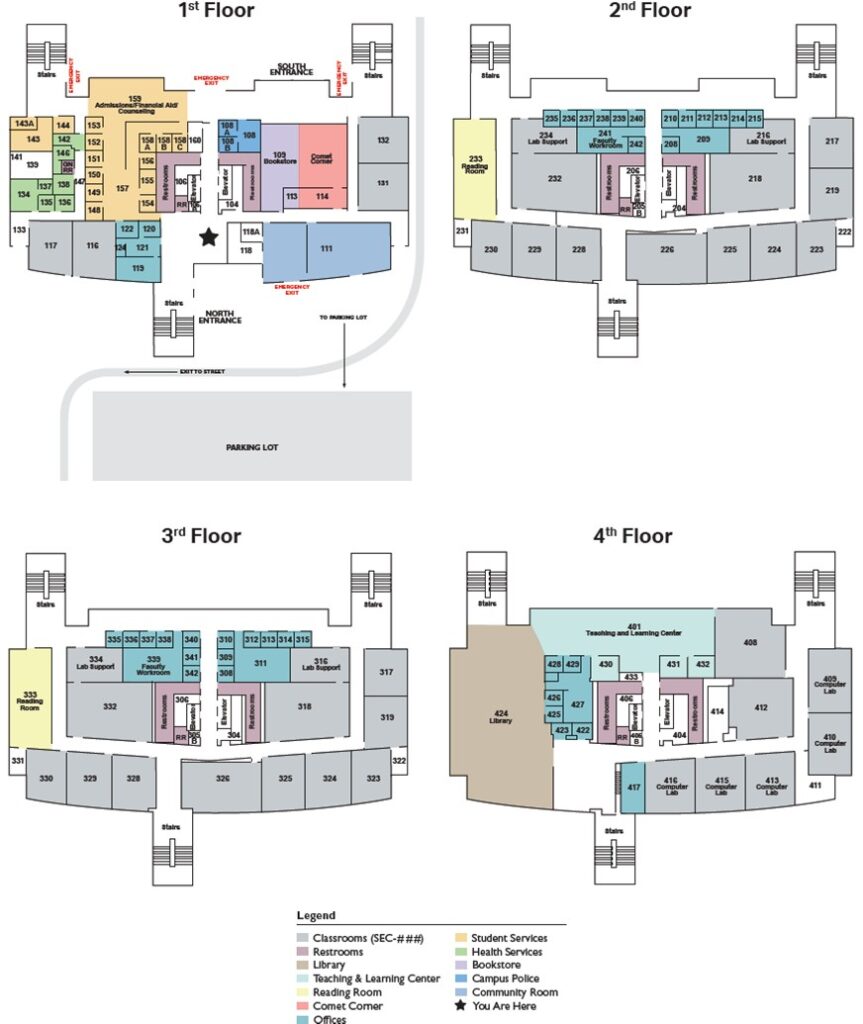 Building layout of the Rancho Bernardo Education Center. Maps of the 1st through 4th floors with rooms numbers.
