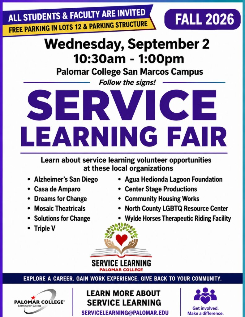 Fall 2026 Service Learning Fair flyer for Wednesday, September 2, 10:30 a.m.–1:00 p.m. at the San Marcos Campus.