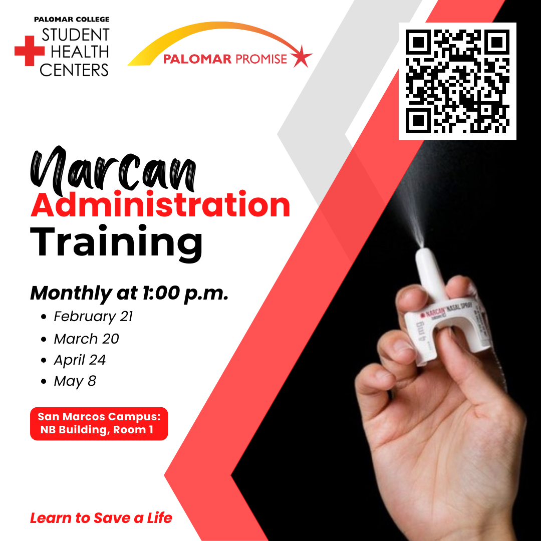 Narcan Training held monthly on Wednesdays at 1:00pm in the Health Promotion area located in the NB Building, Room 1
