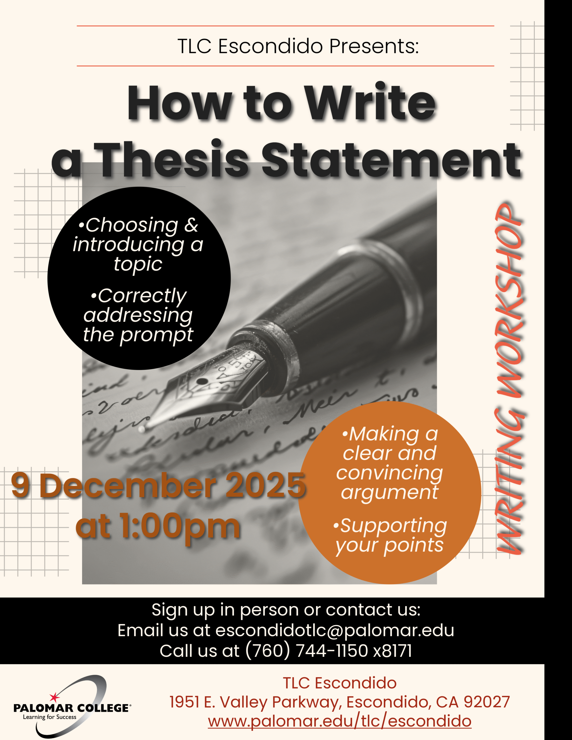 How to Write a Thesis Statement Skillshop at the TLC Escondido on Dec 9 2025
