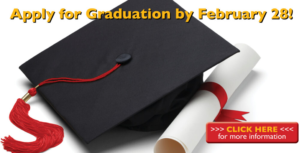 picture of a graduation hat with statement "Apply for Graduation by Feb 28th"