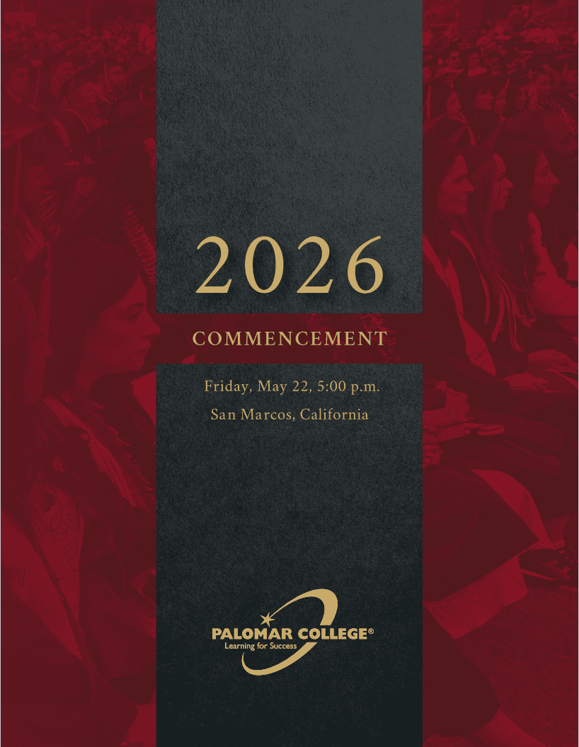 Palomar College 2026 Commencement program cover. Friday, May 22, 5:00 p.m., San Marcos, California, with graduates in the background