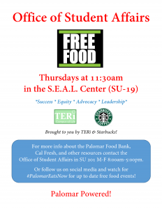 Free Food Thursdays at the SEAL Center (SU-19) at 11:30 am