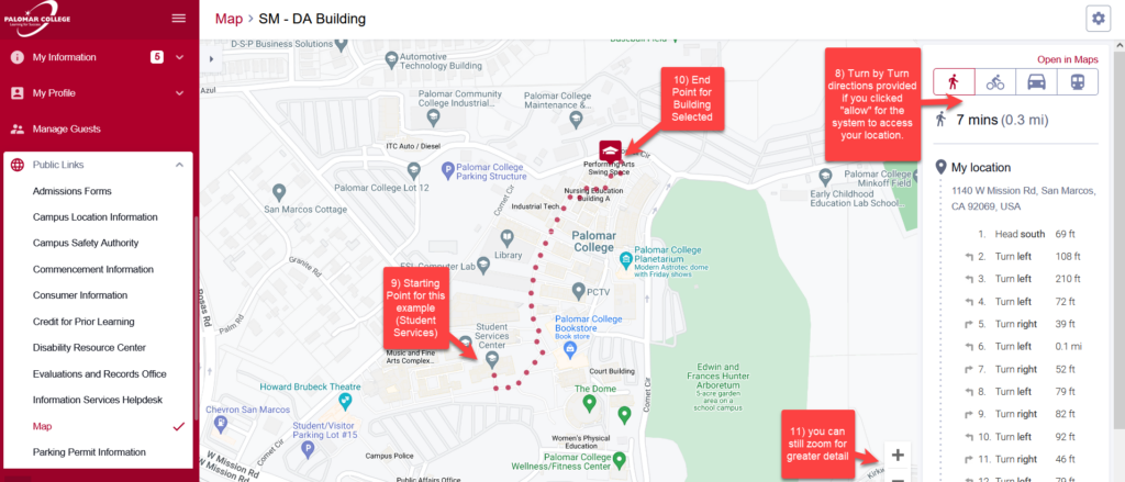 Screen Shot of direction map. Top right of page and on the right side is turn by turn directions from your starting point if you allowed the system to access your location. Bottom right + button for zooming in for more detail Top of page end point image with arrow to picture of red box with white commencement cap showing destination. Middle of picture is the starting point from the test example the San Marcos Student Services Building