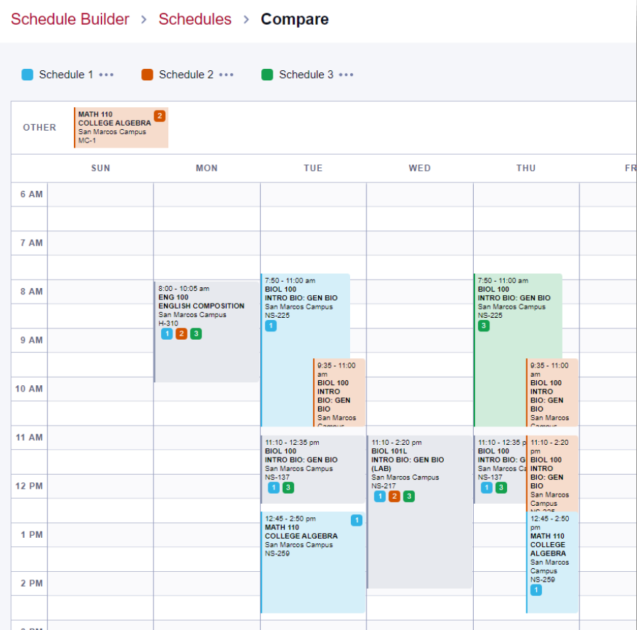 calendar view of those schedules you would like to compare visually showing each schedule in a different color as options