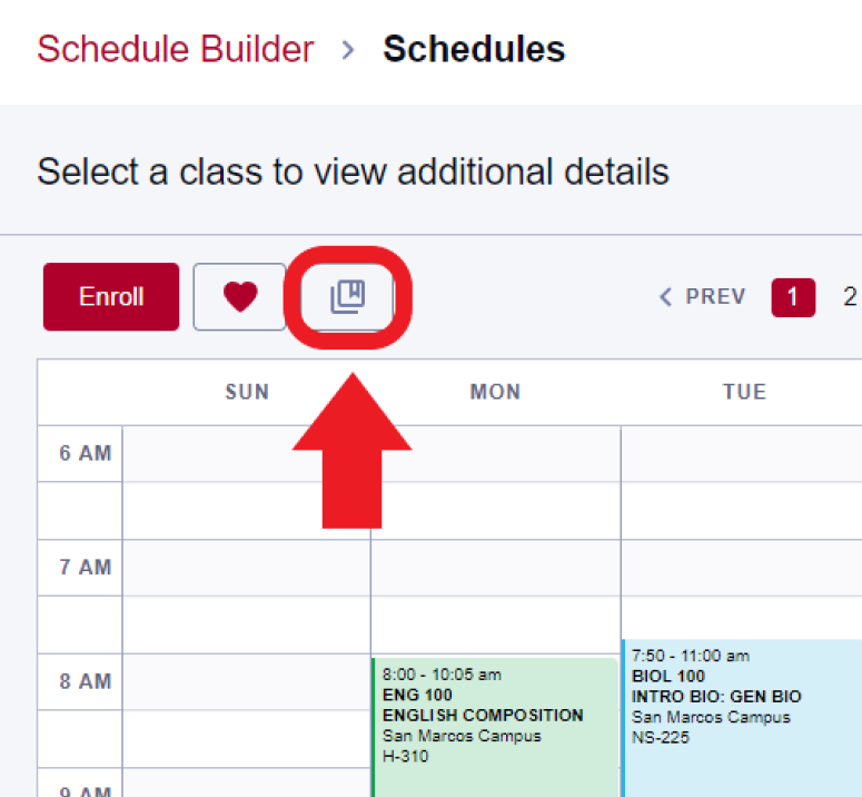 Arrow pointing to the compare icon at the top of the page to compare schedules you're exploring