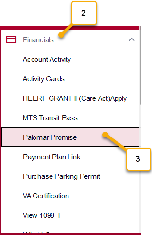 a screen shot of the MyPalomar dashboard left navigation. Step 2 is on the financials drop down tab. Step 3 is on the Palomar Promise option