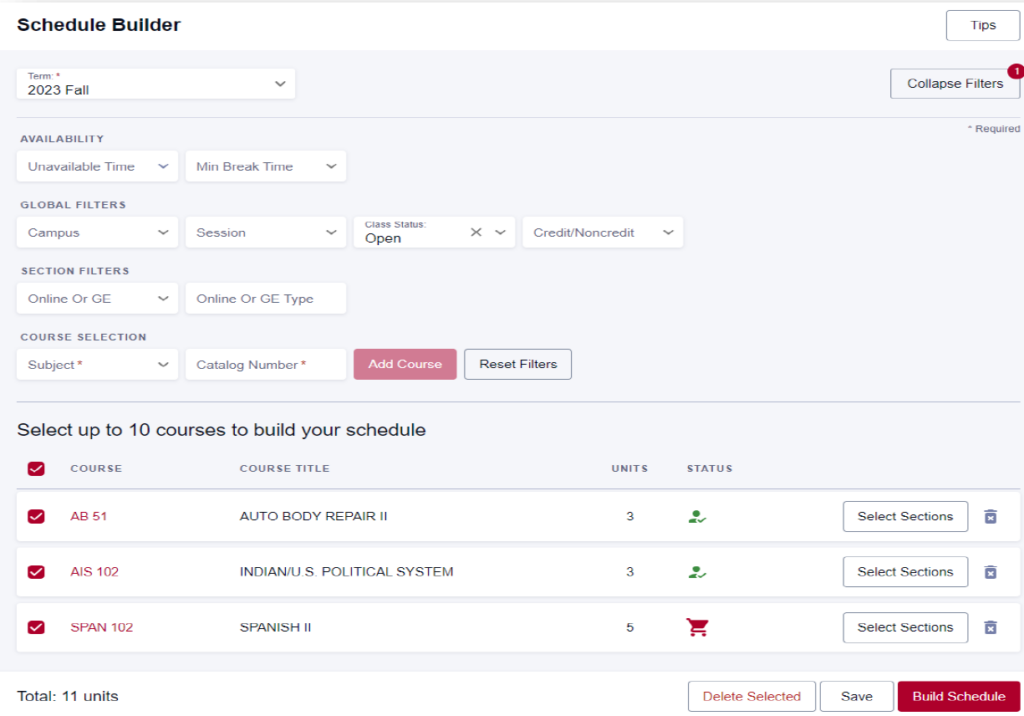 Schedule Builder Filters that include Term, Availalbity, min break time, campus, session, class status, online or GE, subject, and catalog number