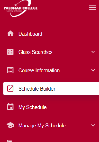 screen shot of schedule builder left navigation option to select for schedule building tool