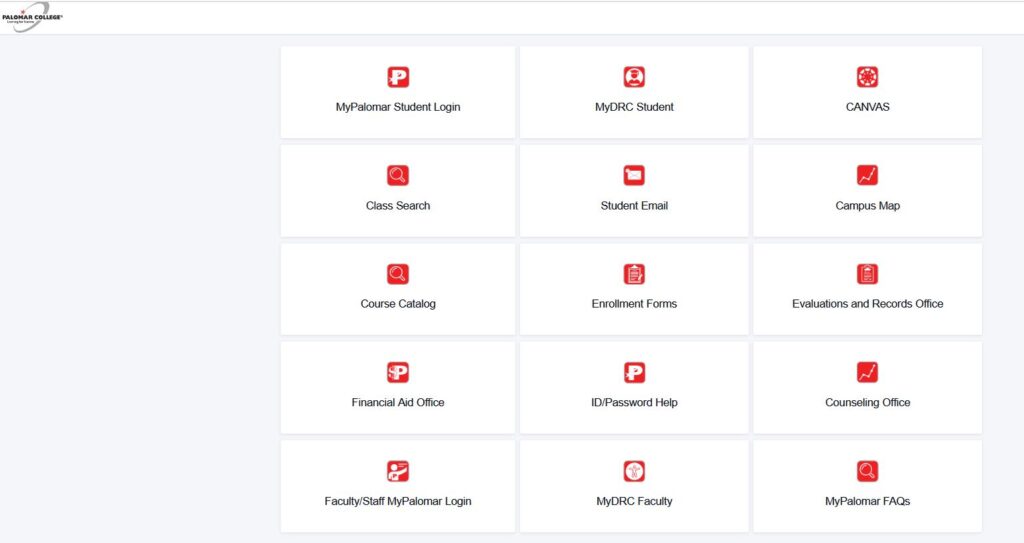 An image of the new MyPalomar Sprinboard with tiles to select for MyPalomar Student Login, My DRC Student, CANVBAS, Class Search, Student Email, Campus Map, Course Catalog, Enrollment Forms, Evaluations and Records Office, Financial Aid Office, ID/Password Help, Counseling Office, Faculty/Staff MyPalomar Login, MyDRC Faculty, MyPalomar FAQ's