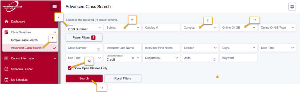 Image of Class searches drop down advanced class search with 9 term, 10 subject, 11 campus, 12 Online or GE, 13 check box to show open classes only, 14 Search 