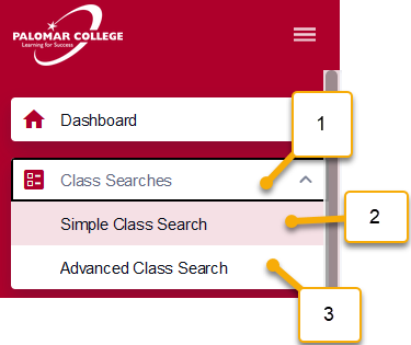 Image of the left navigation drop down for class searches. This has Simple Class Search and Advanced Class Search options