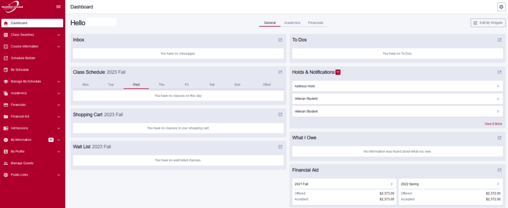 A screen shot of the student dashboard in the new MyPalomar with left navigation options and information specific to the students account.