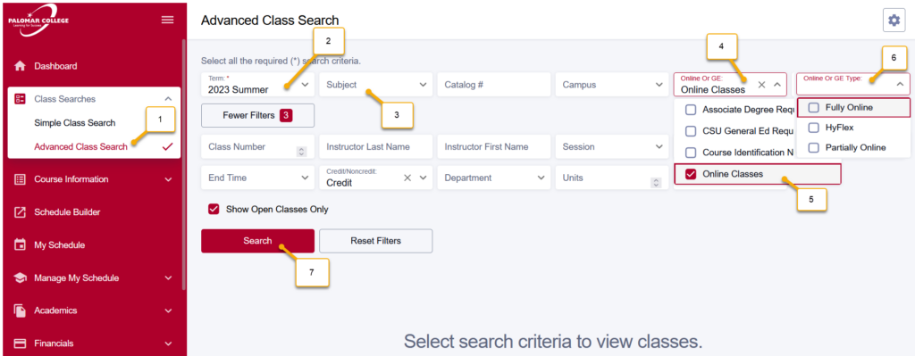 Picture of the new MyPalomar dashboard arrows pointing to the 7 steps to navigate for finding online classes matching the 7 steps outlined above this screenshot.