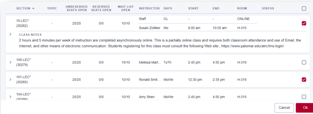 List of courses to be chosen from. Check marks on two of the 4 displayed with the OK button on the bottom to select those chosen