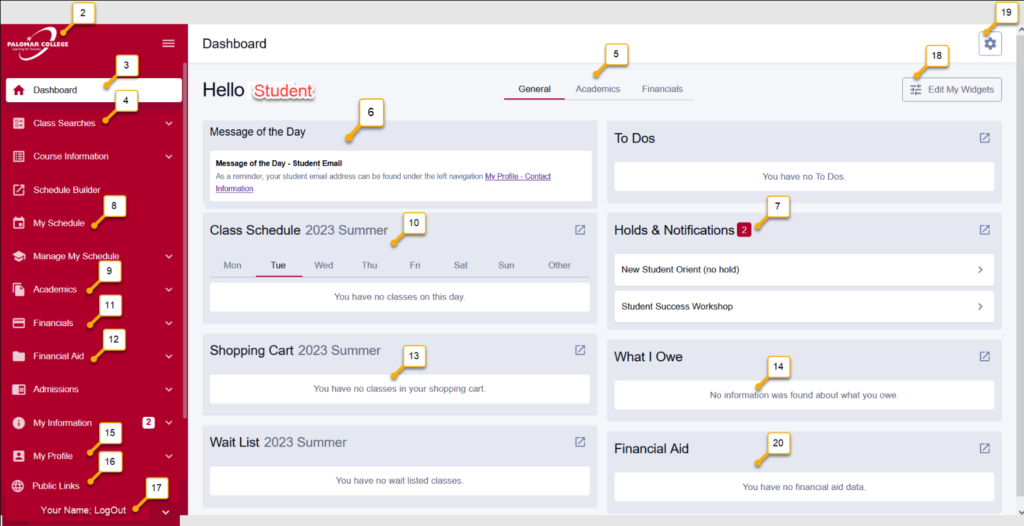 a screen shot of the new MyPalomar dashboard with arrows to 20 various details corresponding with the numbered list details below this image. 