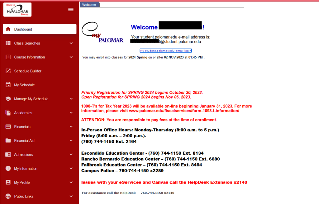 Screen shot of welcome page opened when you click the "Welcome" hyperlink. This page shows the student email and priority registration date date and time. 