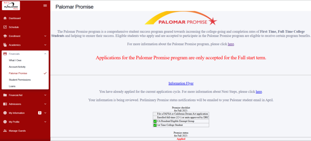 Palomar Promise Checklist listing the following: 1) File a FAFSA or California Dream Act Application, 2) Enrolled Full-time (12+) or units approved by DRC, 3) CA Resident/Eligible Exempt Group, 4) 1st Time College Student