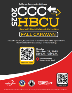 CCC to HBCU Fall Caravan flyer with event date, location, registration and more info QR codes., and event partner logos.