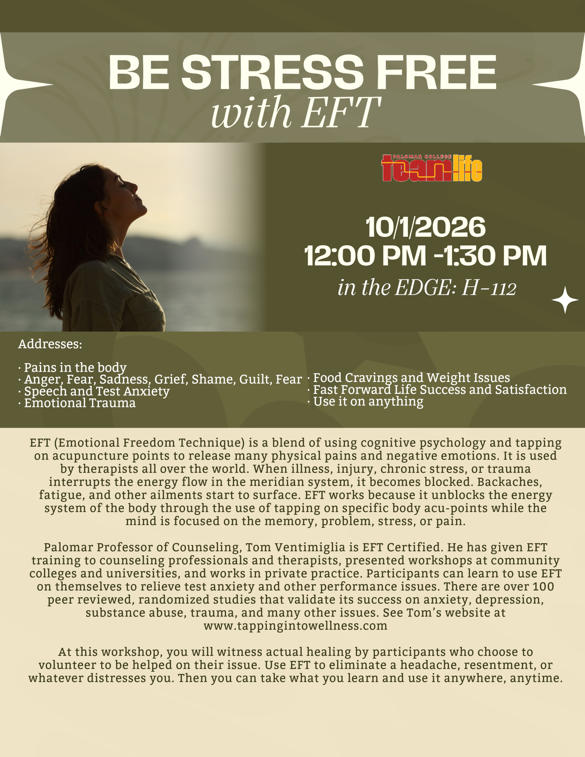 Flyer for a stress-reduction workshop using Emotional Freedom Technique (EFT), October 1, 2026, from 12–1:30 p.m. in the EDGE, H-112.