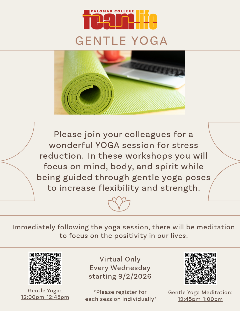 Flyer for Palomar College Team Life virtual Gentle Yoga sessions every Wednesday beginning September 2, 2026, from 12–12:45 p.m., followed by meditation from 12:45–1 p.m.