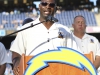 San Diego charger use the voice and star power of former running back LaDainian Tomlinson to promote interest in voting for measure “C” to excited fans pushing the need for a new stadium in San Diego. Nov 6. Johnny Jones/The telescope