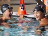 Palomar's Michelle Jacob (L) and Paulina DeHaan (R) are all smiles after swimming the Women's 100 Yard Backstroke championship final during the 2016 PCAC Swim Meet on April 22 at the Wallace Memorial Pool. Jacob placed first with a time of 1.01.68 and DeHaan placed second with a time of 1.04.30. Coleen Burnham/The Telescope