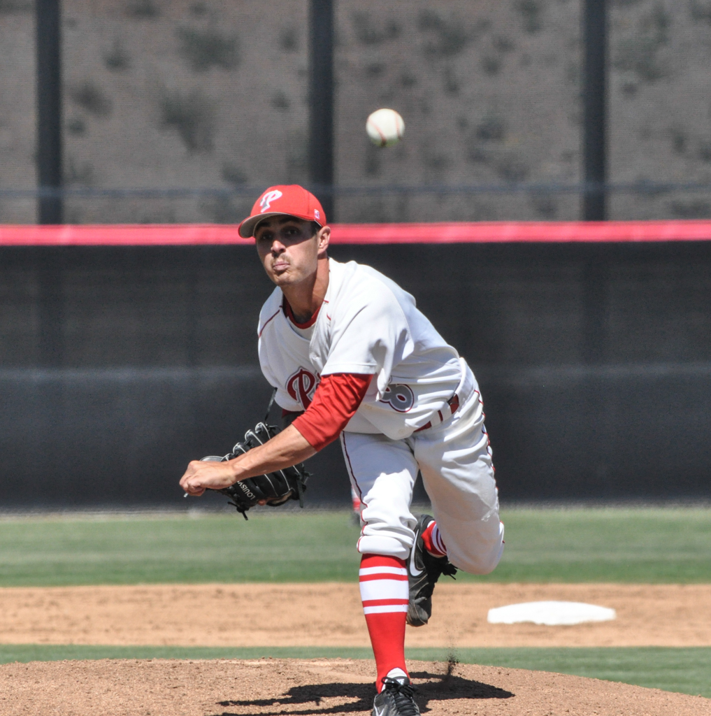 Palomar right handed pitcher Taylor Turski (8) throws a strike during one of his 5 solid innings pitched for the Comets March 25 game against San Diego Mesa in the Palomar College Ballpark. The Comets would go on to win 9-3. Aaron Fortin/ The Telescope