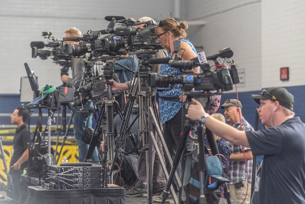 Television crews lined up preparing for a town hall meeting hosted by Congressman Darrell Issa in Oceanside on March 11, 2017. Joe Dusel / The Telescope